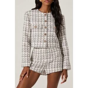 ASTR THE LABEL Tweed Crop Jacket in White Black Size Small